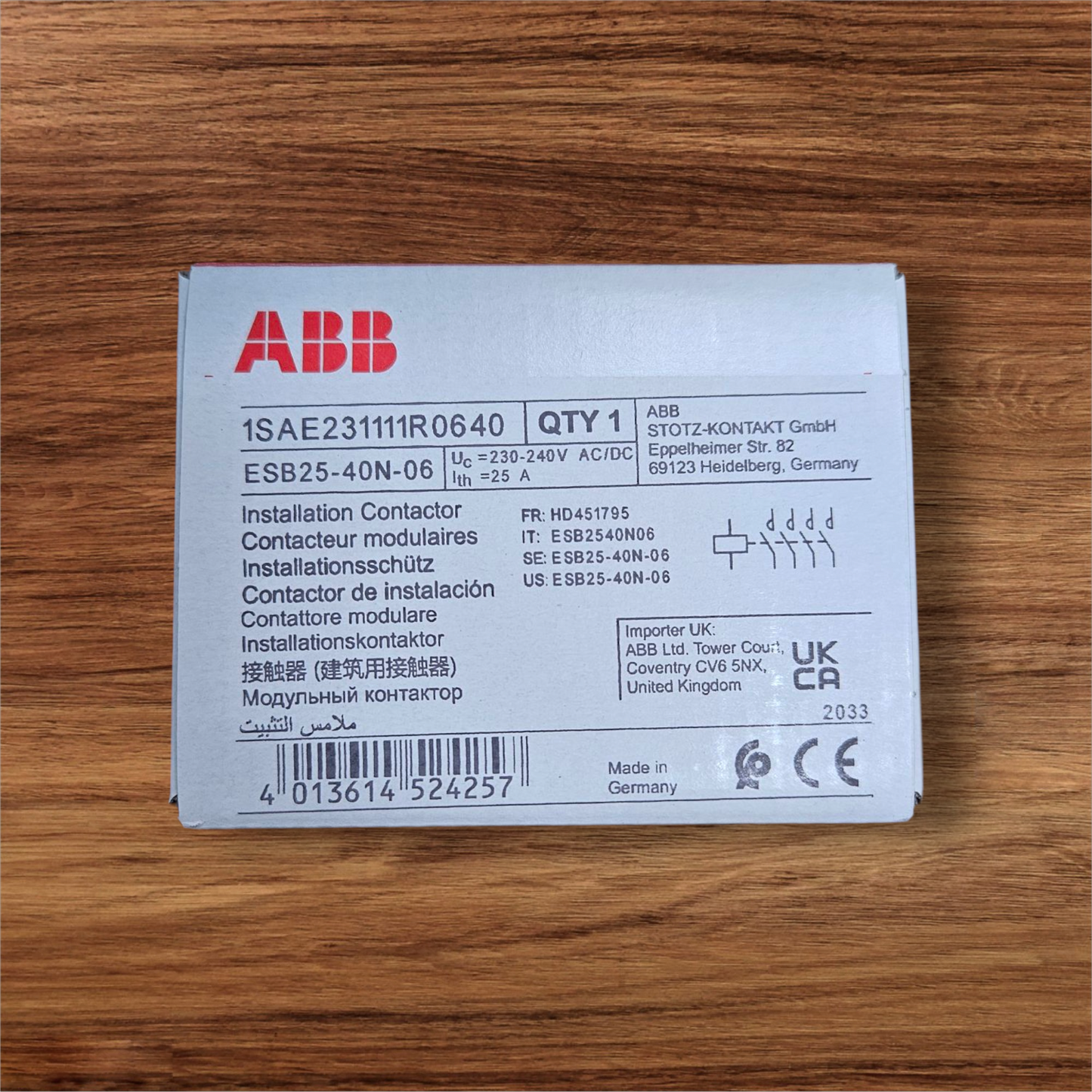 ABB Contactor ESB25-40N-06, 230-240VAC/DC