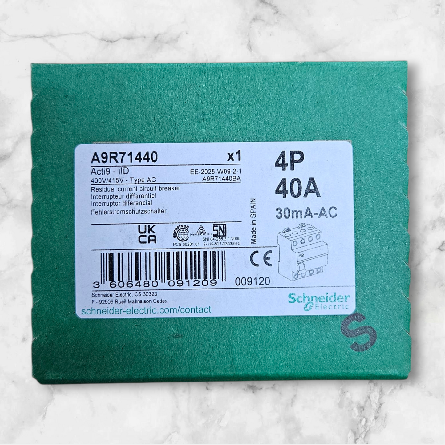Schneider RCCB A9R71440, 4 Pole, 40A, 30mA Trip