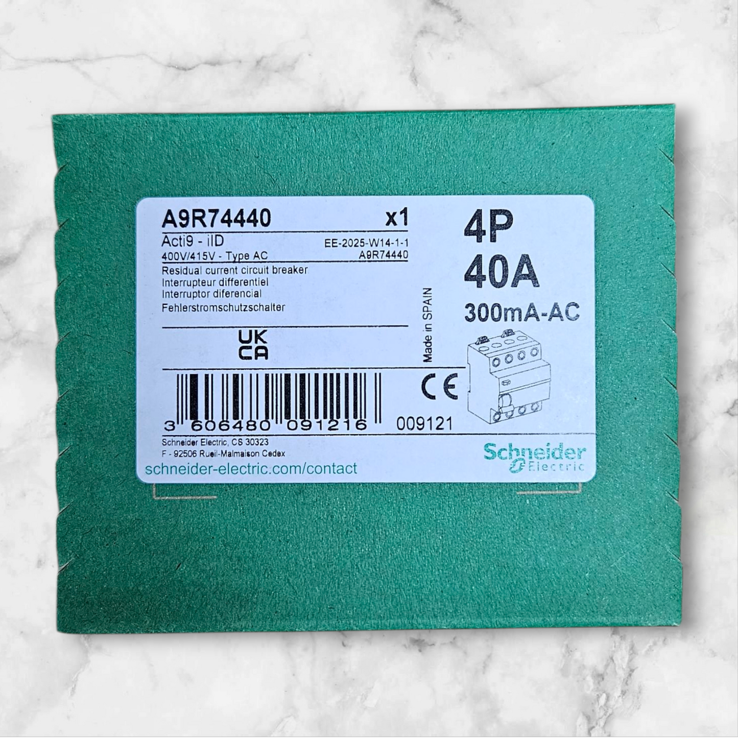 Schneider RCCB A9R74440, 4 Pole, 40A 300mA Trip