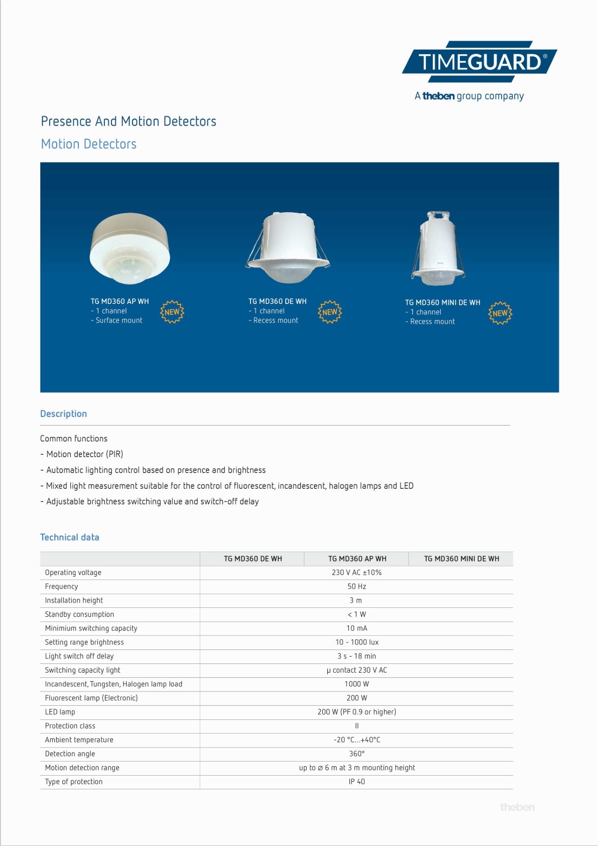 Theben Motion Detector Sensor TG MD360 AP WH TG103000
