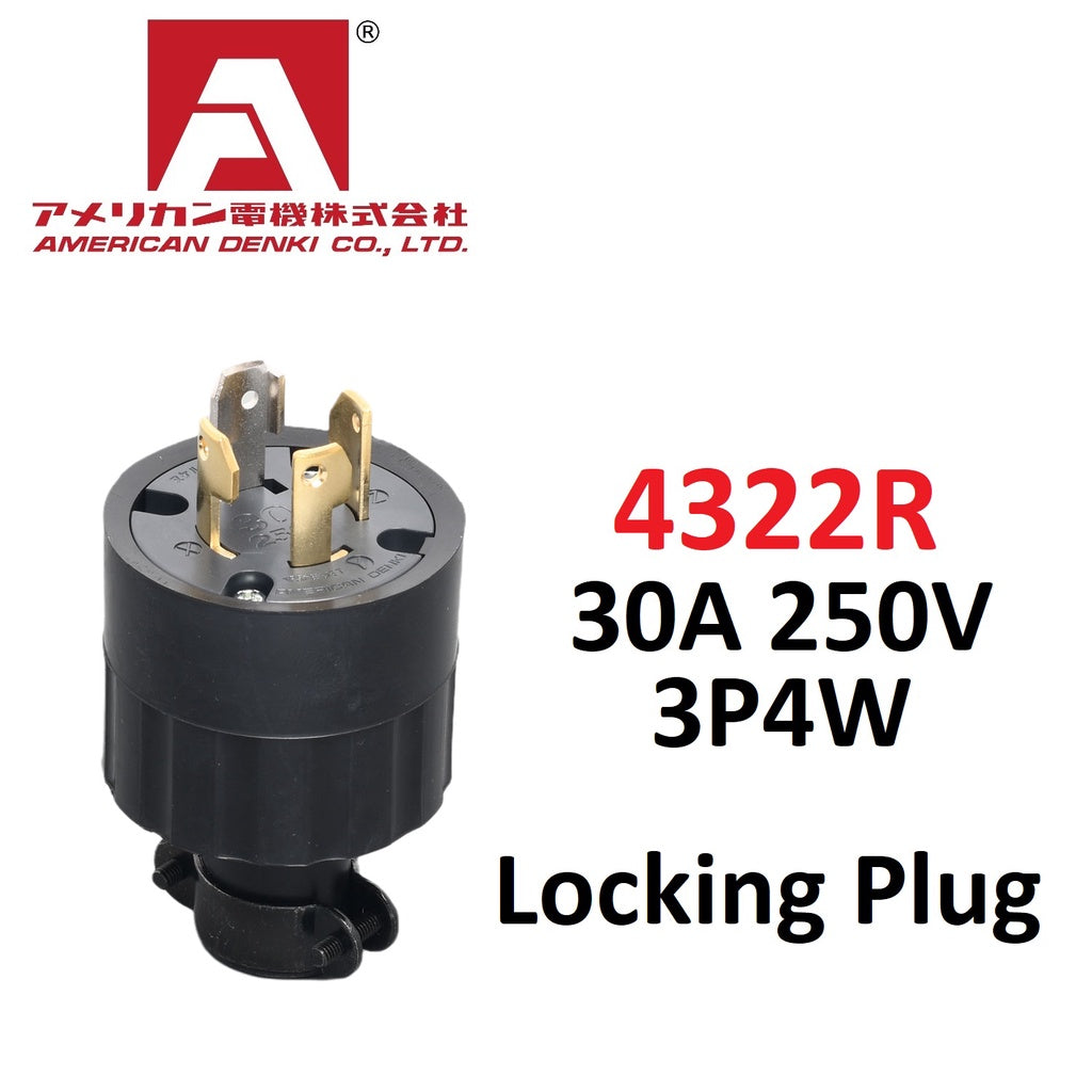 American Denki 4322R, 3 Pole, 4 Wire, Grounding 30A, 250V Plug (Rubber Housing)