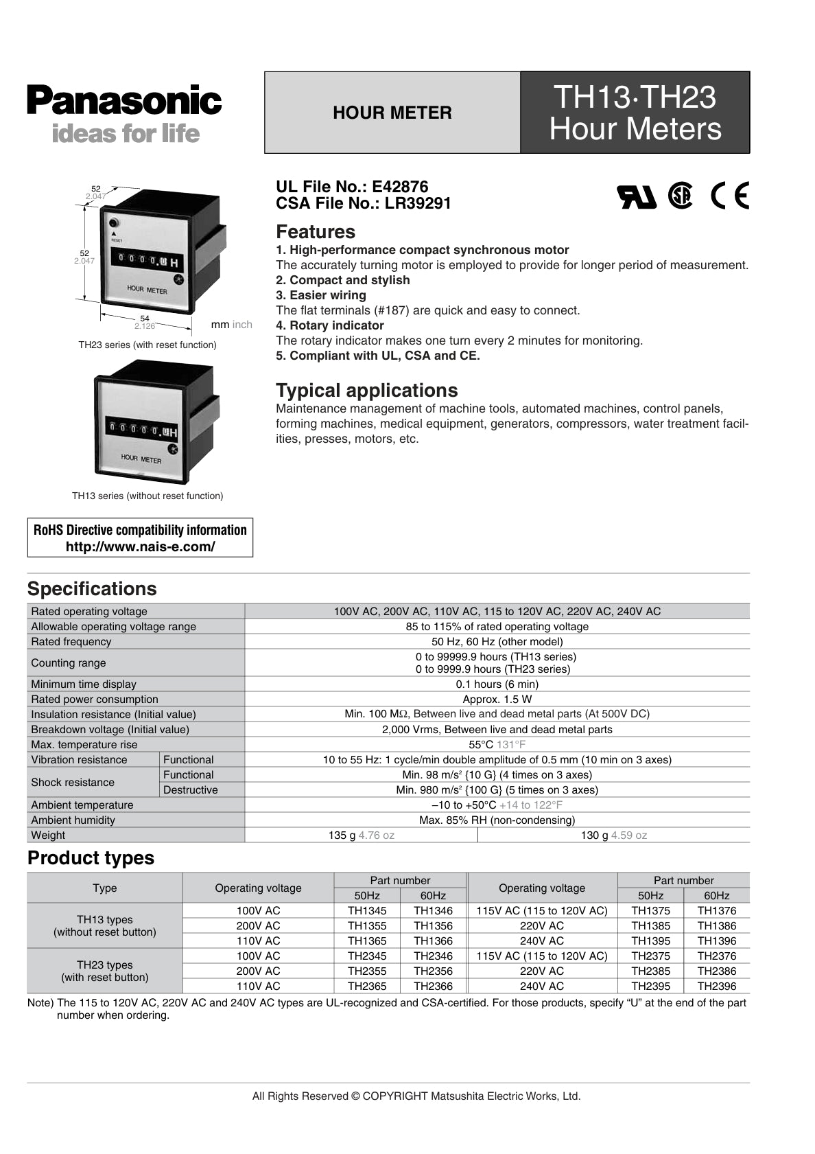 Matsushita Hour Meter TH1395
